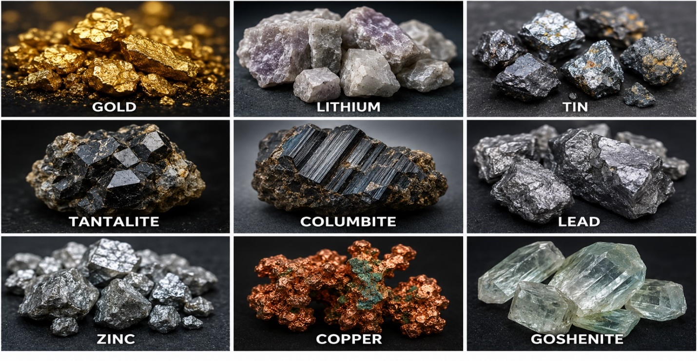 Selected mineral commodities including gold, lithium, tin, tantalite, columbite, lead, zinc, copper and goshenite