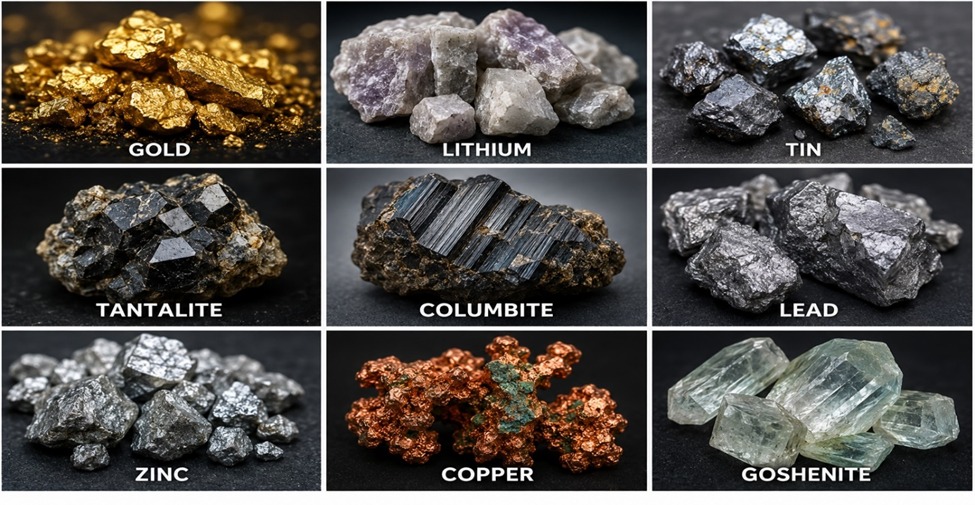 Gold, Lithium, Tin, Tantalite, Columbite, Lead, Zinc, Copper and Goshenite minerals